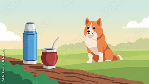 Cute cartoon dog sits in a grassy field with a thermos and mate cup