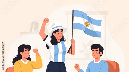 Diverse people celebrating with a national flag, raising fists in unity