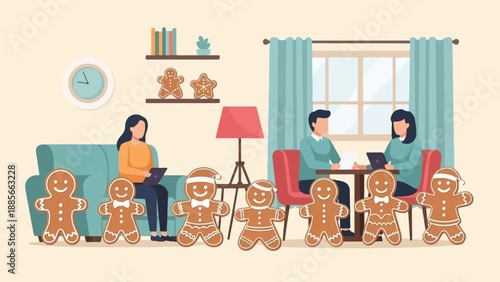 Cozy living room scene with people and gingerbread figures