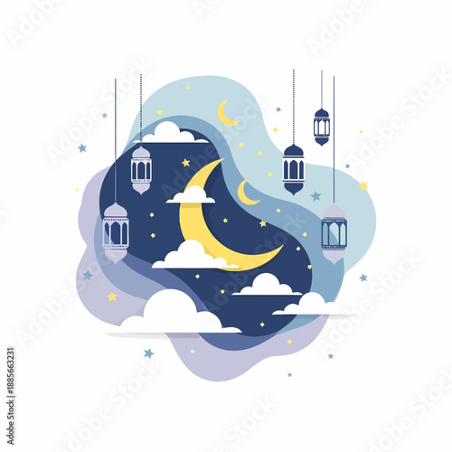 Crescent Moon with Lanterns and Clouds.
