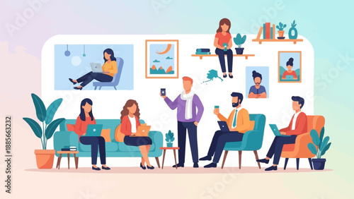 Diverse people collaborate and work on laptops in a modern, casual office space