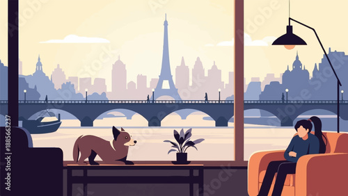 Cozy room view of Paris skyline with Eiffel Tower and river
