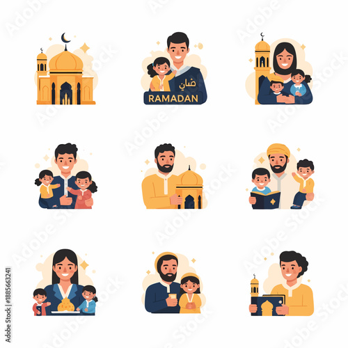 Ramadan Family Illustrations with Mosque and People.