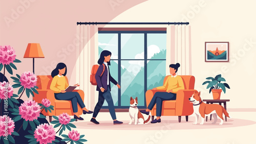Cozy living room scene with people and dogs, overlooking mountains
