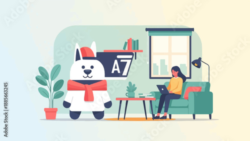 Cute cartoon dog in Santa hat & scarf, girl working on laptop indoors