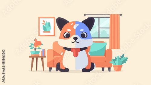 Cute cartoon dog with split orange and blue fur sits in a cozy room