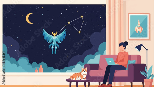 Cozy room scene with person working on laptop and a dog by a window showing night sky