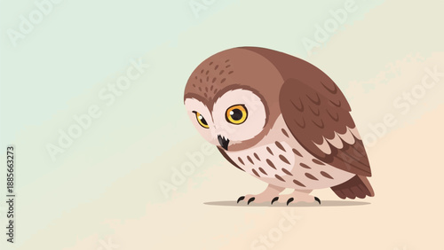 Cute cartoon owl with large yellow eyes looking down