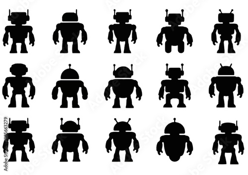 Collection of simple black robot silhouettes, each with a unique antenna and body design