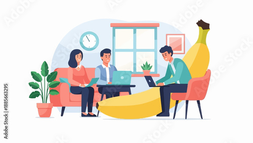 Diverse people collaborating on laptops around a giant banana