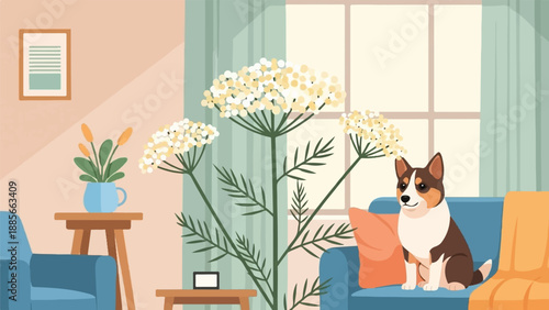 Cozy living room scene with a dog, flowers, and furniture