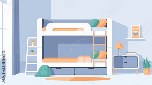 Cozy room interior featuring a bunk bed, shelves with toys, and a dresser