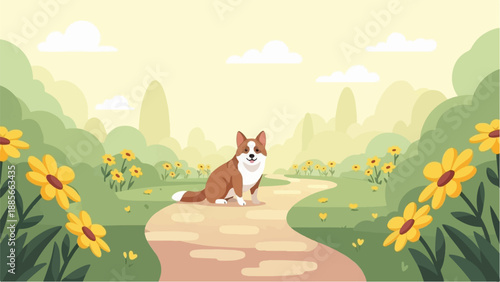 Cute corgi dog sitting on a path in a cheerful, sunny meadow with yellow flowers