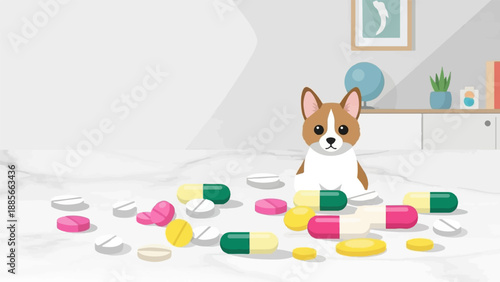 Cute corgi puppy sits near colorful pills and capsules scattered on a surface
