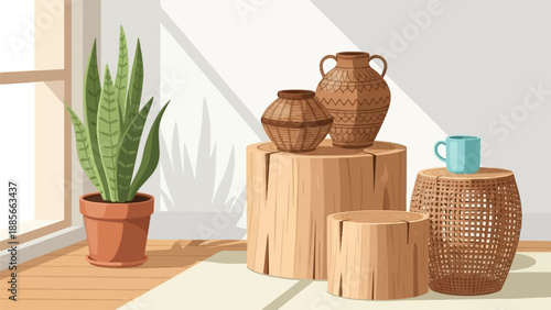 Cozy room corner with snake plant, rustic pottery, and blue mug