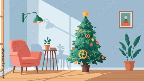 Cozy room interior with a Christmas tree, armchair, plants, and a framed picture
