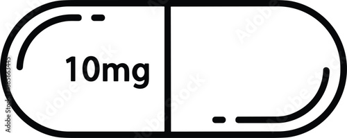 Minimal capsule pill icon with 10mg dosage text, medicine healthcare symbol, pharmacy drug illustration, clean outline vector