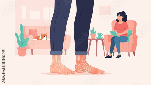 Cozy living room scene with a dog on couch and woman reading