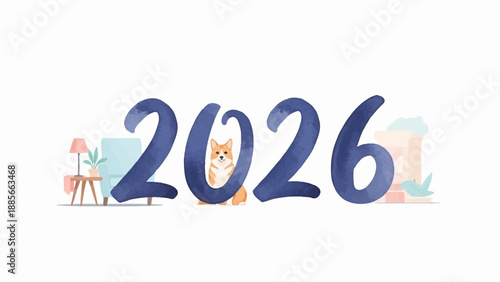 Cute corgi sitting inside a large numeral '2' for 2026 with home decor
