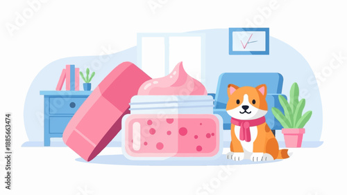 Cute corgi sits beside a jar of pink cream and a pink block
