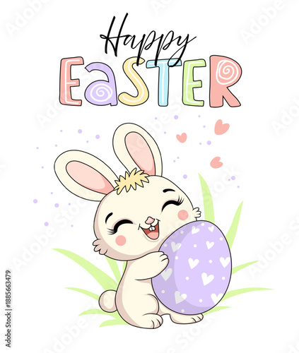 Cute easter rabbit holding easter egg. Happy Easter bunny. Great for banners, posters, cards, t-shirt designs, invitations. Vector illustration