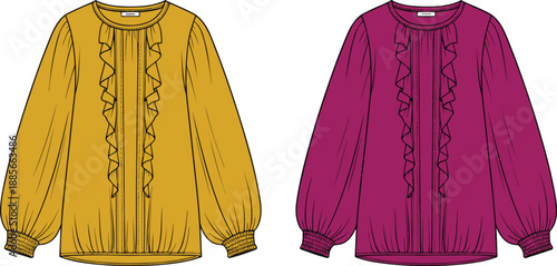 Elegant long sleeve ruffle front blouse fashion illustration showing detailed garment design, fabric texture and stylish construction elements – cad drawing flat vector illustration