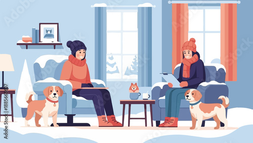 Cozy winter scene with people and dogs indoors