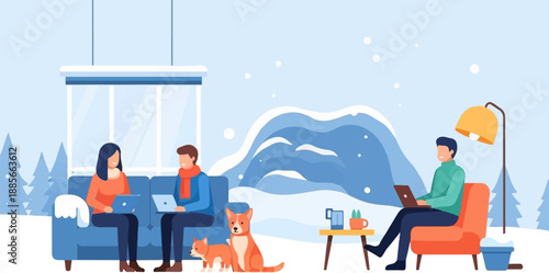 Cozy winter scene with people and dogs working on laptops indoors