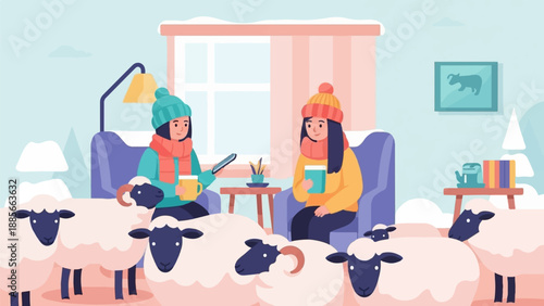 Cozy winter scene with people and sheep indoors