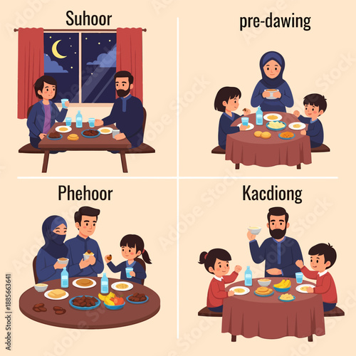 Family Having Meal Together Illustration Images.