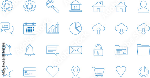 Minimal outline UI icons set including navigation, user interface, analytics, communication, settings, cloud and interaction symbols