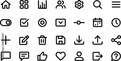Minimal user interface icon set featuring navigation, controls, buttons, actions, dashboard tools and modern app design