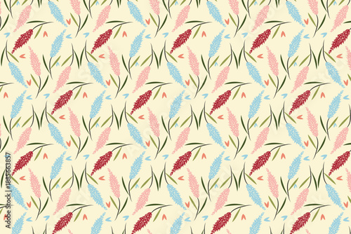 Pastel floral grass seamless pattern with simple green and olive stems and leaves on a pale , neutral background 