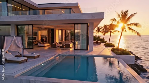 Modern luxury residence with infinity pool situated on rugged ocean coastline at sunset