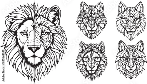 Powerful lion head vector illustration and tribal tattoo design featuring a wild predator face symbol as a black silhouette mascot for nature and wildlife power