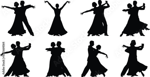Elegant set of ballroom dancers performing various couple dance styles, beautiful silhouette vector illustration of tango, waltz, and foxtrot movements for artistic design.