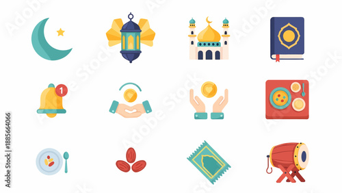 Collection of Colorful Cartoon Islamic Icons.