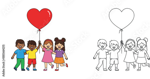 Diverse happy children friends holding big red heart balloon together, vector illustration with coloring page outline and colored version.