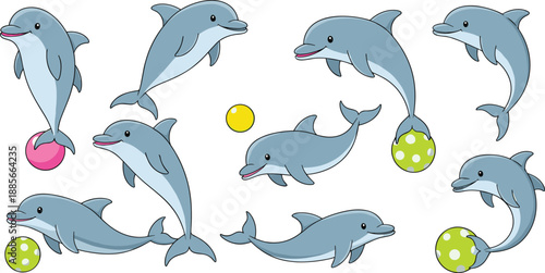 Cute dolphin character collection vector illustration set featuring playful cartoon dolphins jumping and playing with balls for marine and kids designs