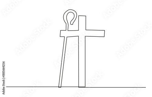 Continuous Line Drawing of Cross and Shepherd's Staff Symbolizin. 