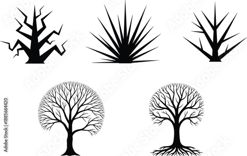 Black tree and plant silhouettes vector set featuring dead trees roots branches and desert plants isolated on white background