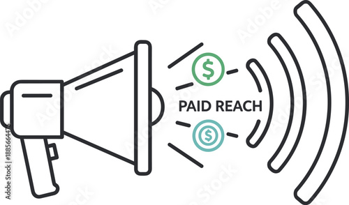 Paid reach marketing icon with megaphone and dollar symbols, advertising promotion concept, digital campaign growth strategy