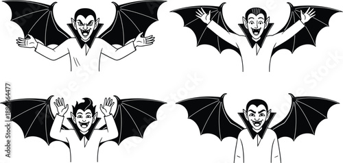 Cartoon vampire characters with bat wings vector illustration set showing funny expressions isolated on white background for Halloween designs