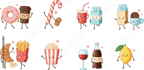 Cute food and drink character collection vector illustration set featuring kawaii snacks, beverages, desserts, and playful cartoon mascots