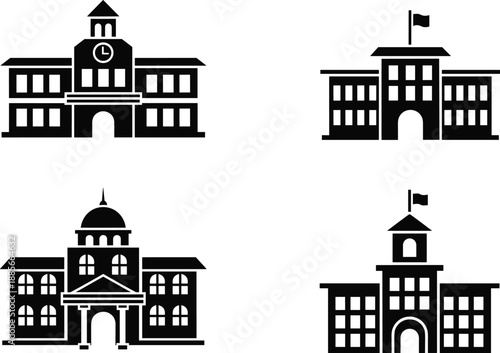 Elegant university and school building silhouette icons, classic campus architecture symbols, educational institution vector set for modern design, branding, and academic illustration projects