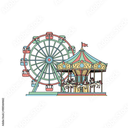 Amusement park attractions with Ferris wheel and carousel.