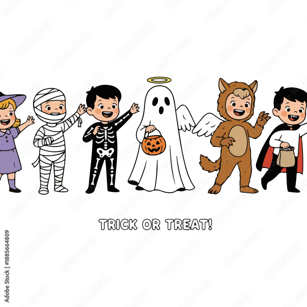 Naklejka premium Children in Various Halloween Costumes Standing Together.