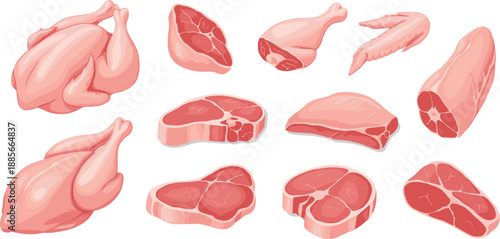 Raw meat and poultry cuts collection vector illustration set featuring chicken and beef portions for butcher shop, food market, and cooking designs