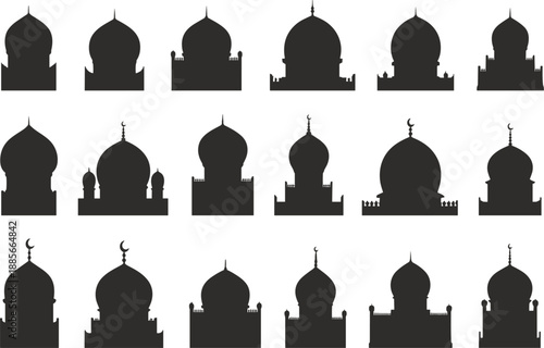 Set of Islamic mosque dome silhouettes, black masjid building icons for Ramadan Kareem and Eid design