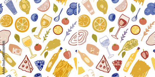 Watercolor illustration of summer drinks fruits and snacks in a repeating pattern